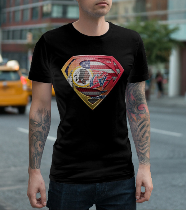 Superman Shield Design With Washington Redskins And Washington Wizards Logos T-Shirt