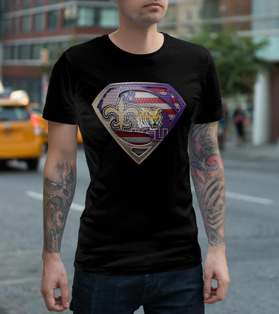 Superman Shield Saints Lsu Tigers American Flag T-Shirt