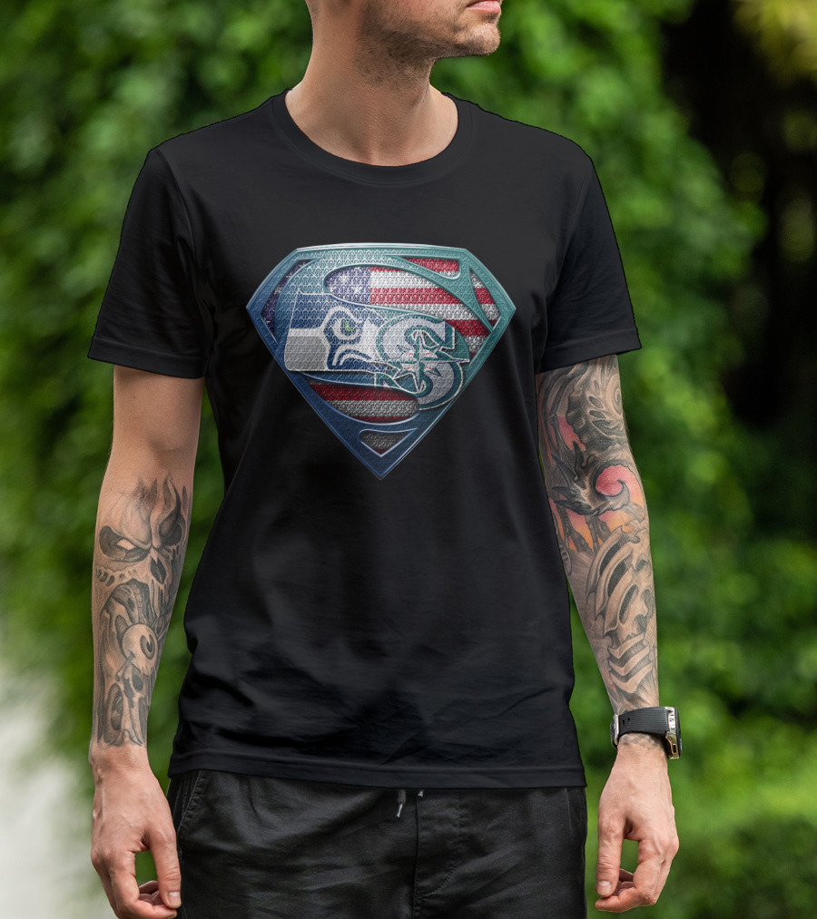 Seattle Seahawks Superman Shield American Flag Edition T-Shirt