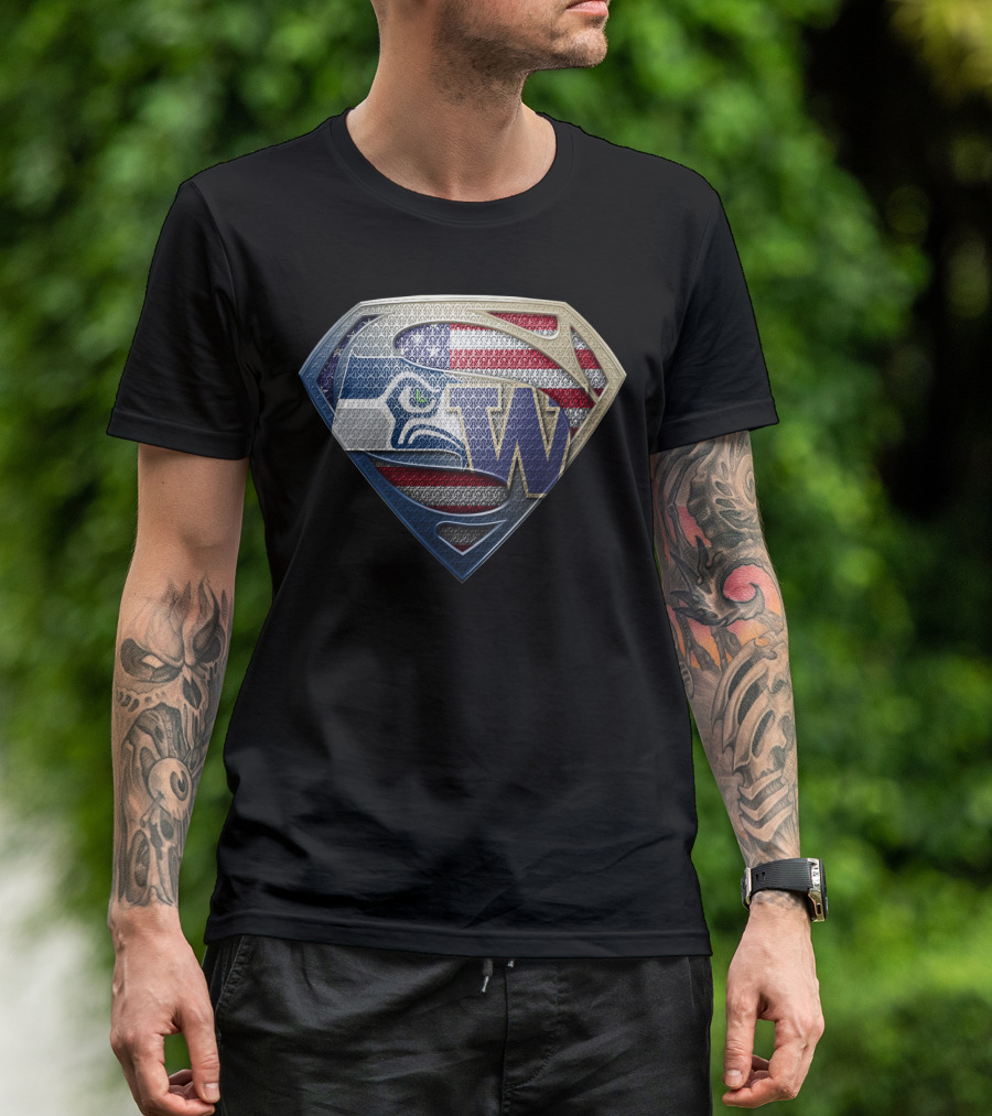 Seattle Seahawks Superman Logo With American Flag And Washington Huskies W T-Shirt