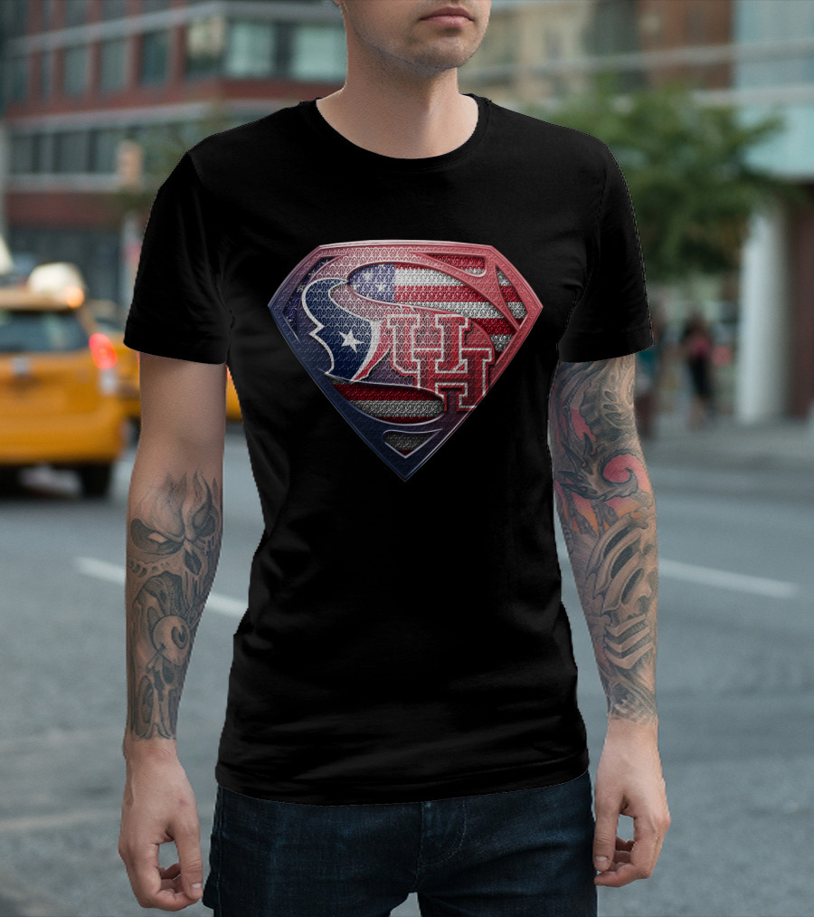 Houston Texans Uh Superhero Shield American Flag T-Shirt