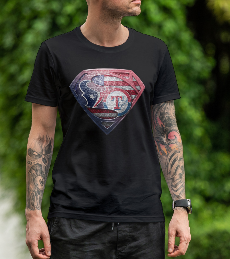 Houston Texans Texas Rangers Superman Logo Usa Flag T-Shirt