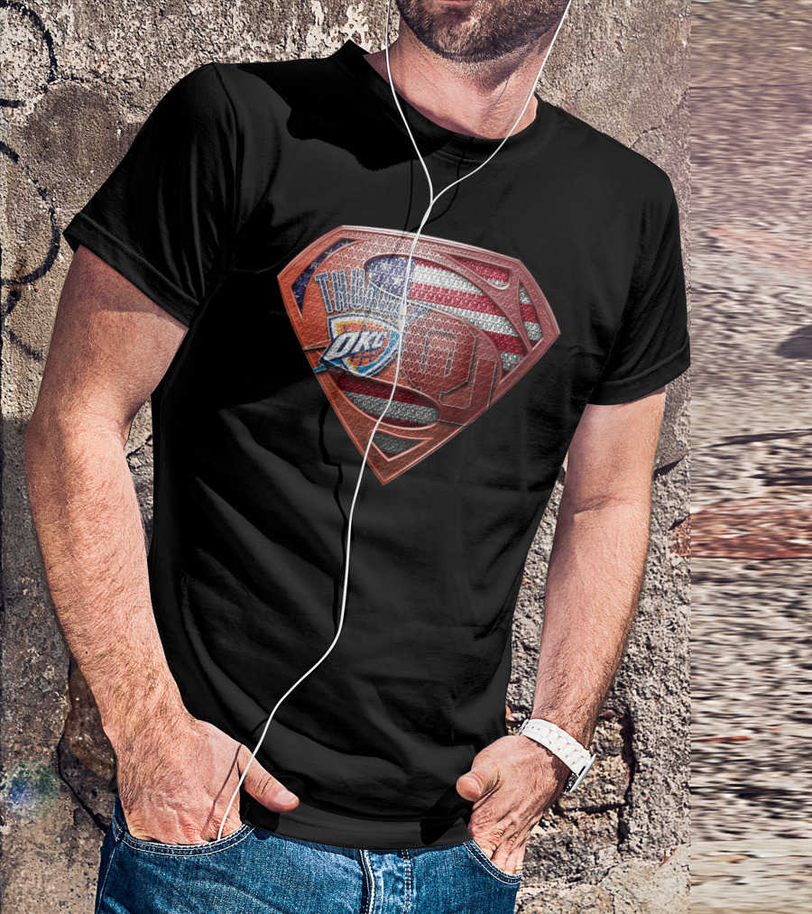 Thunder Okc Superman American Flag Ou Logo Mashup T-Shirt