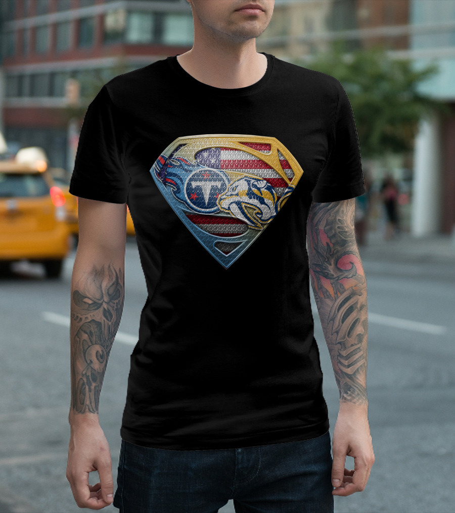 Tennessee Titans Nashville Predators American Flag Superman Shield Sspus130 T-Shirt