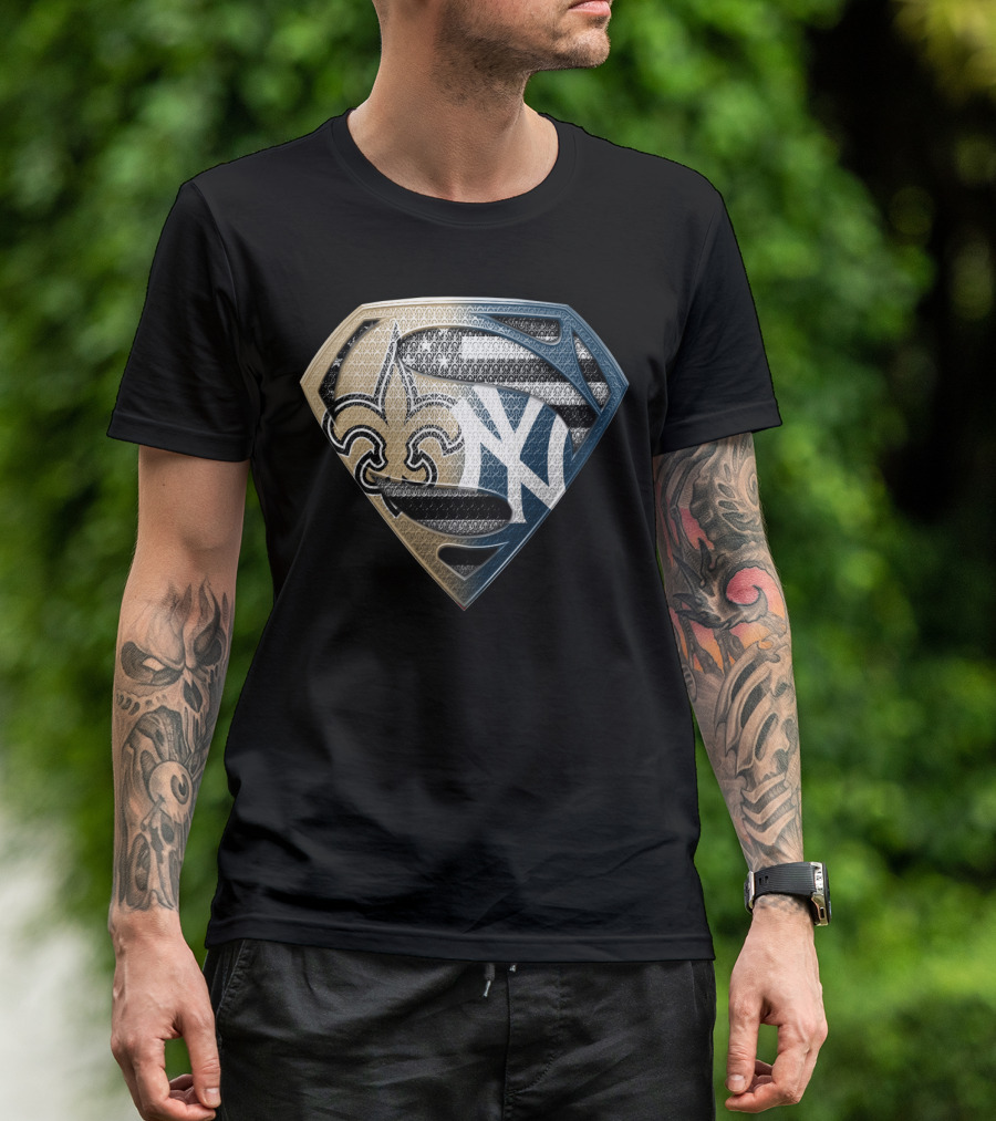Superman Shield New York Yankees New Orleans Saints Logo Combination T-Shirt