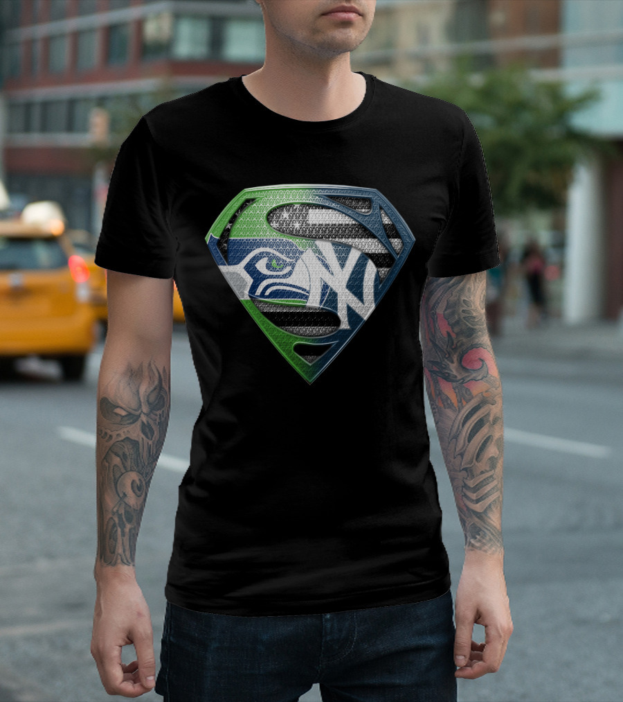 Seattle Seahawks New York Yankees Superman Shield Logo Mashup T-Shirt