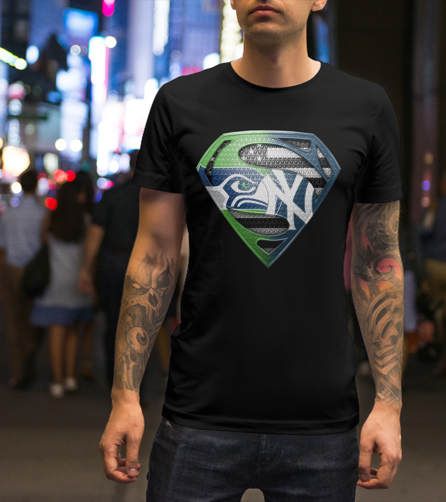 Seattle Seahawks New York Yankees Superman Shield Logo Mashup T-Shirt