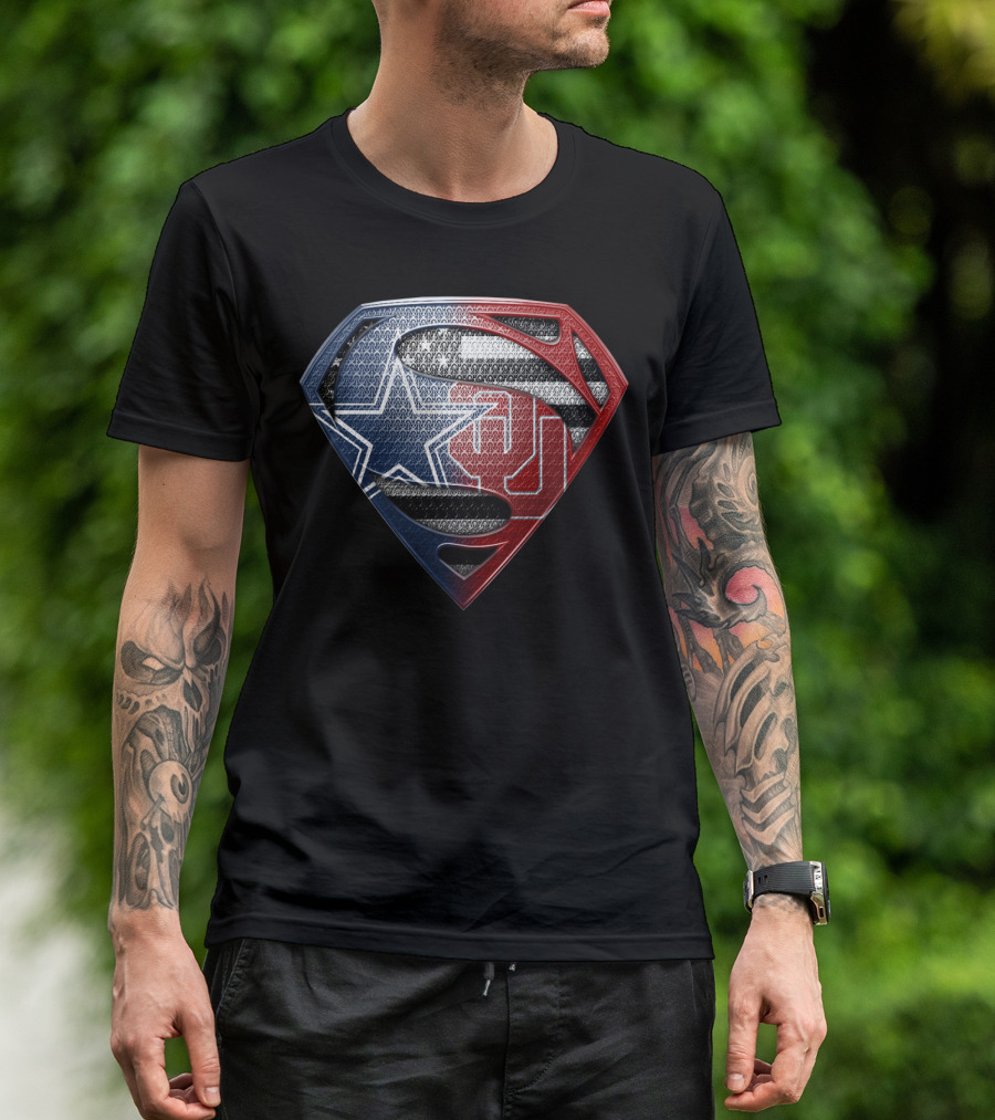 Superman Shield With Dallas Cowboys Star And Oklahoma Sooners Logos T-Shirt