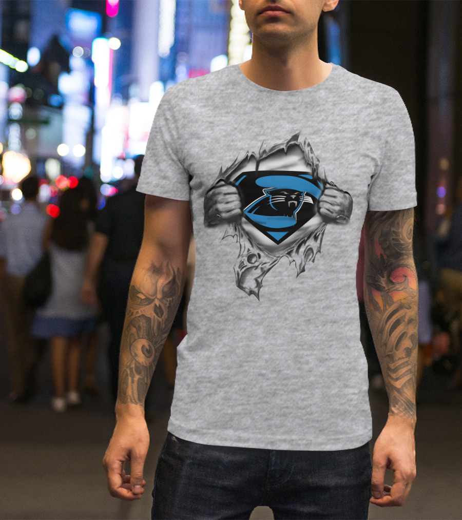 Superman Carolina Panthers Logo Crossover Busting Through T-Shirt