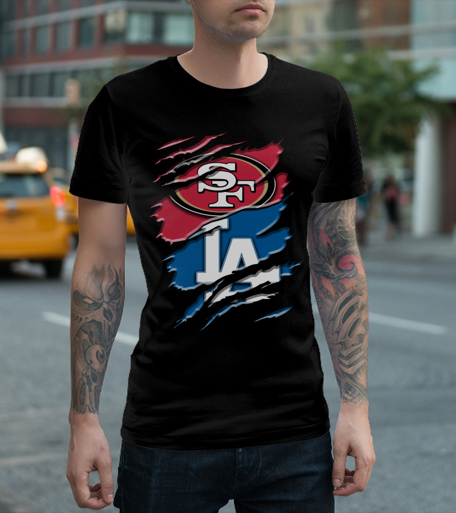 San Francisco 49ers And Los Angeles Dodgers Logo Fusion Rac T-Shirt