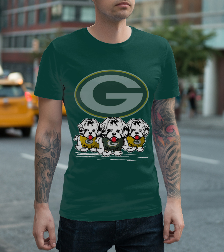 Green Bay Packers Logo With Three Dogs In Jerseys T-Shirt
