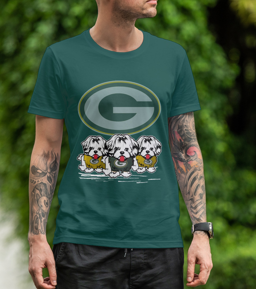 Green Bay Packers Logo With Three Dogs In Jerseys T-Shirt