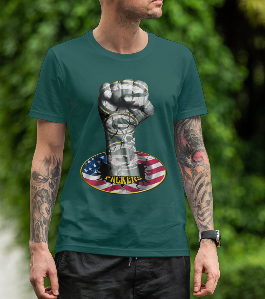 Fist With Green Bay Packers Logo On Cracked American Flag T-Shirt