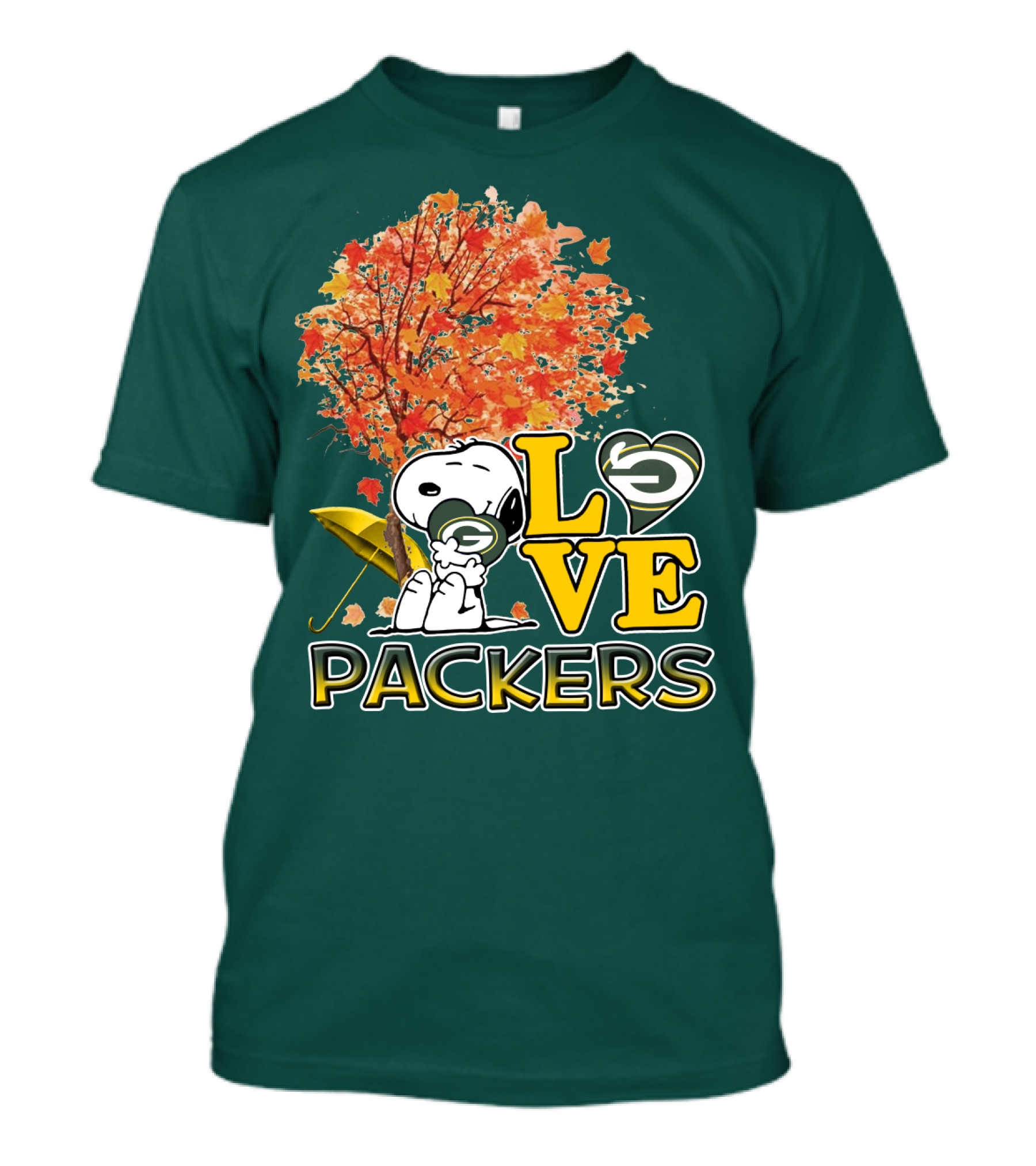 Love Packers Snoopy Green Bay Packers Autumn Tree T-Shirt