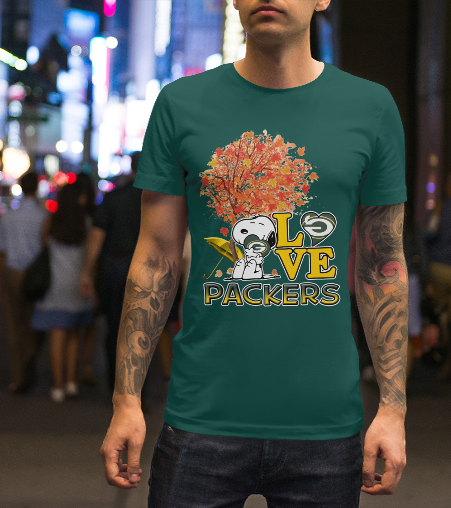 Love Packers Snoopy Green Bay Packers Autumn Tree T-Shirt