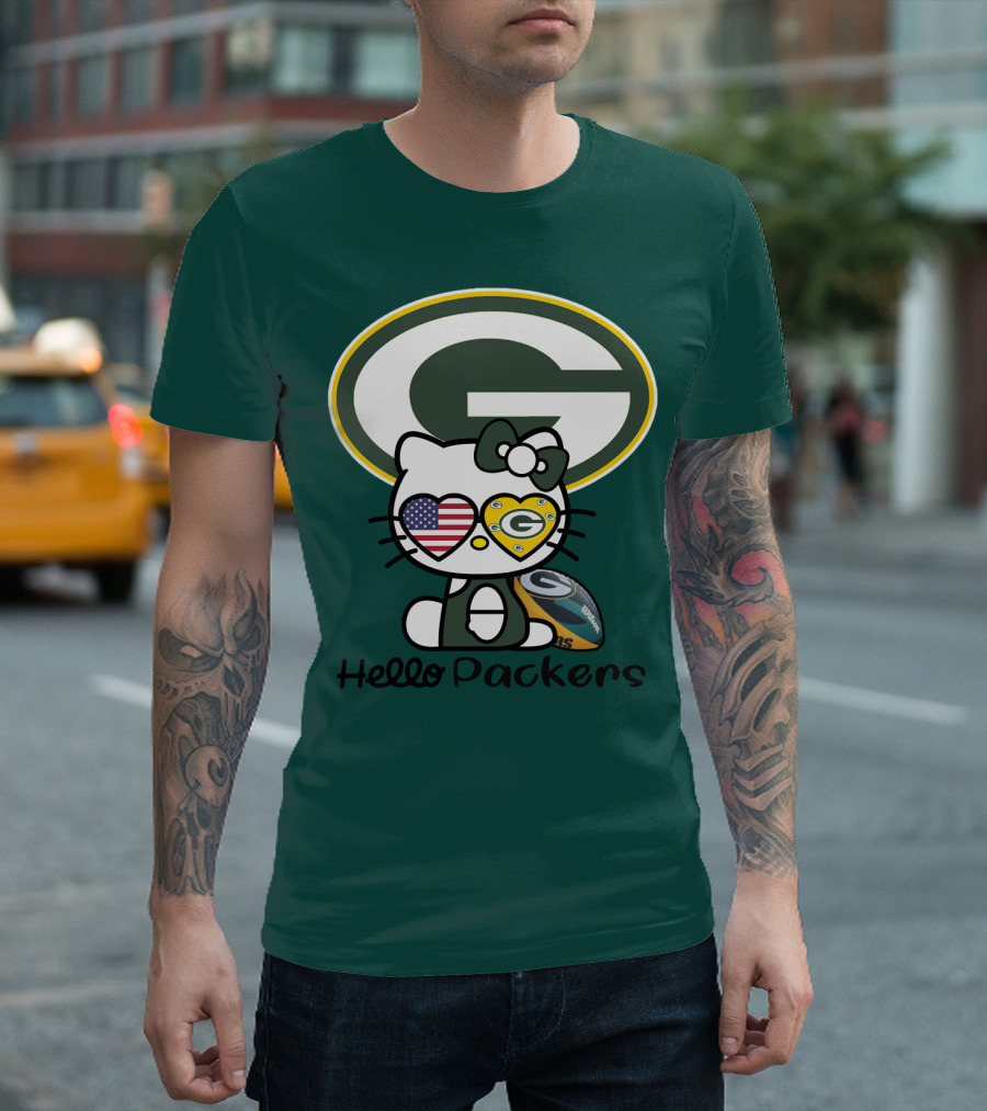 Hello Packers Green Bay Packers Football Fan Art Featuring Kitty With American Flag Heart T-Shirt
