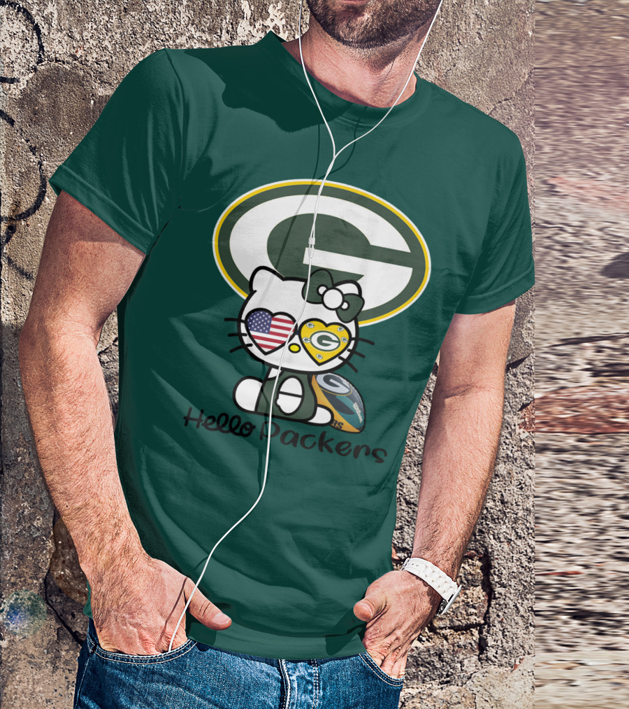 Hello Packers Green Bay Packers Football Fan Art Featuring Kitty With American Flag Heart T-Shirt