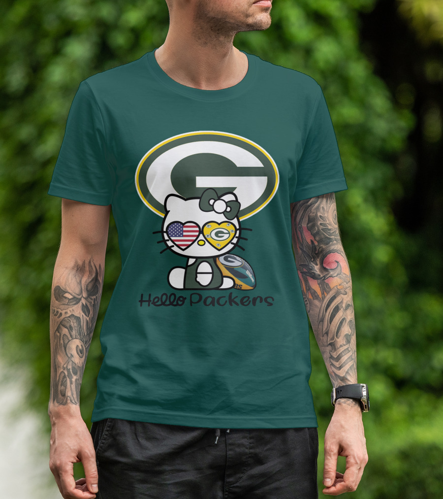 Hello Packers Green Bay Packers Football Fan Art Featuring Kitty With American Flag Heart T-Shirt