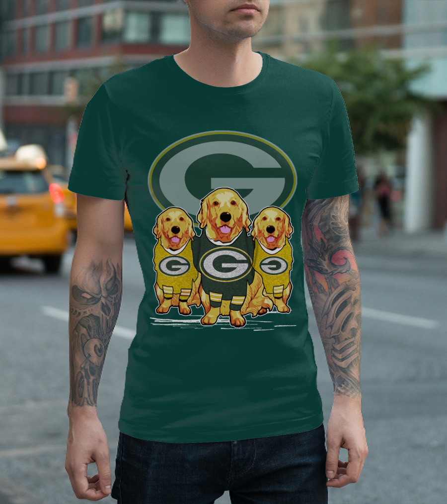 Green Bay Packers Golden Retrievers Sporting Green And Gold Attire T-Shirt