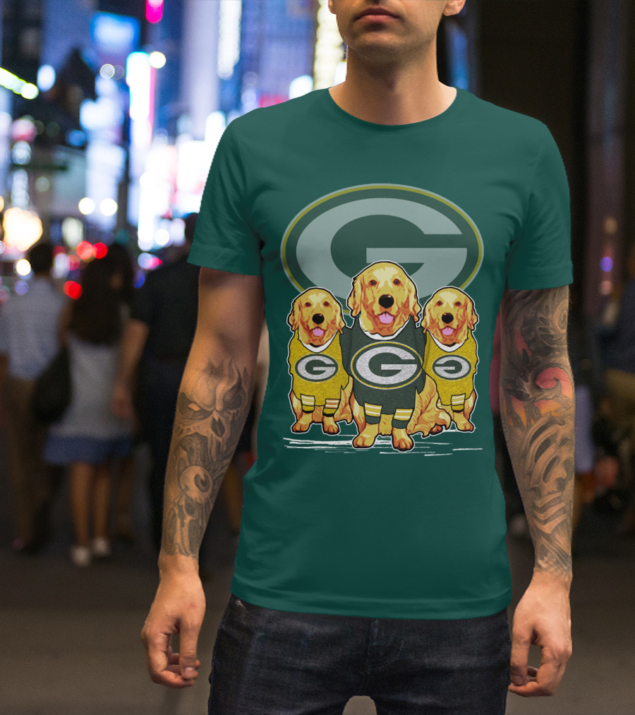 Green Bay Packers Golden Retrievers Sporting Green And Gold Attire T-Shirt