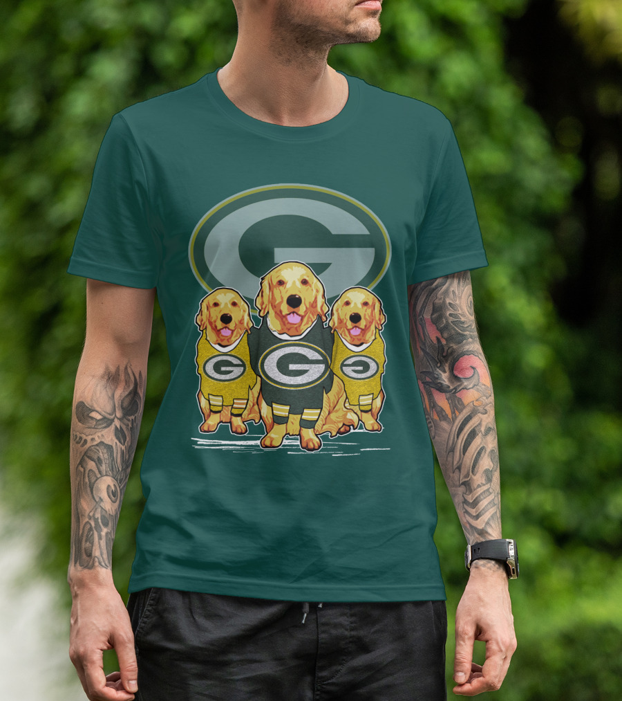 Green Bay Packers Golden Retrievers Sporting Green And Gold Attire T-Shirt