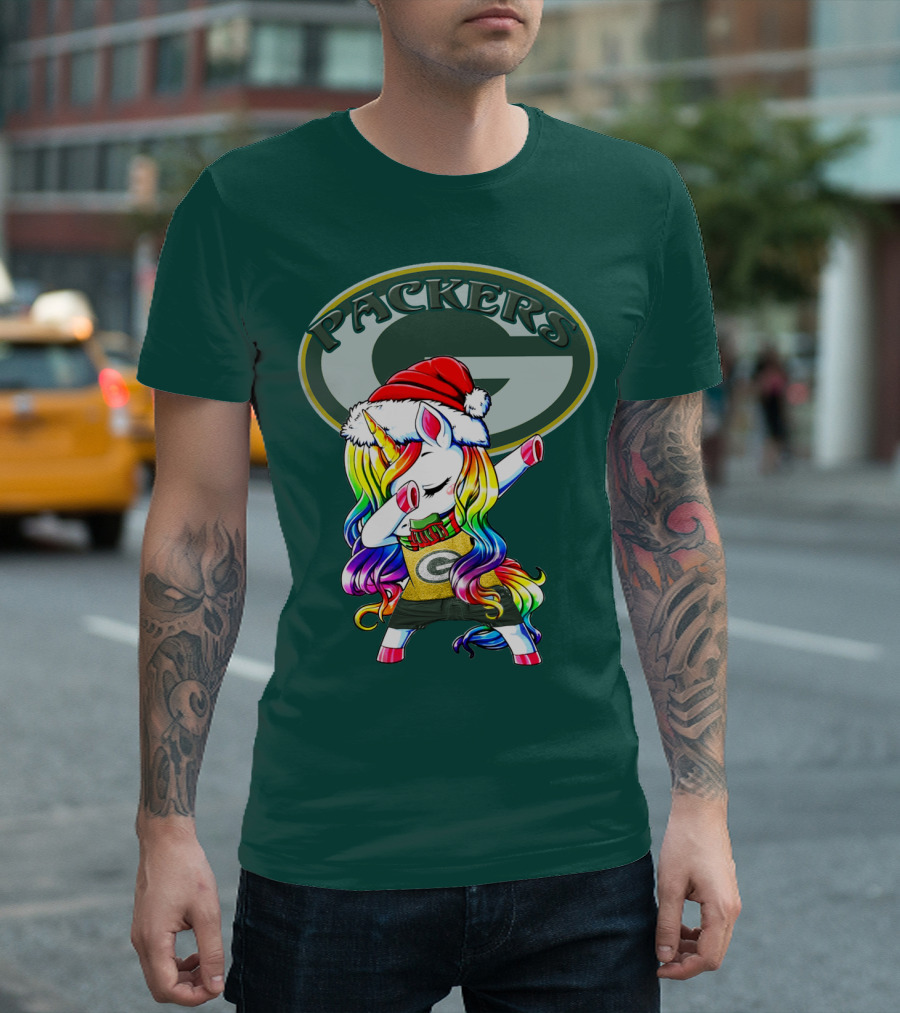 Packers Unicorn Dabbing Santa Hat Green Gold T-Shirt