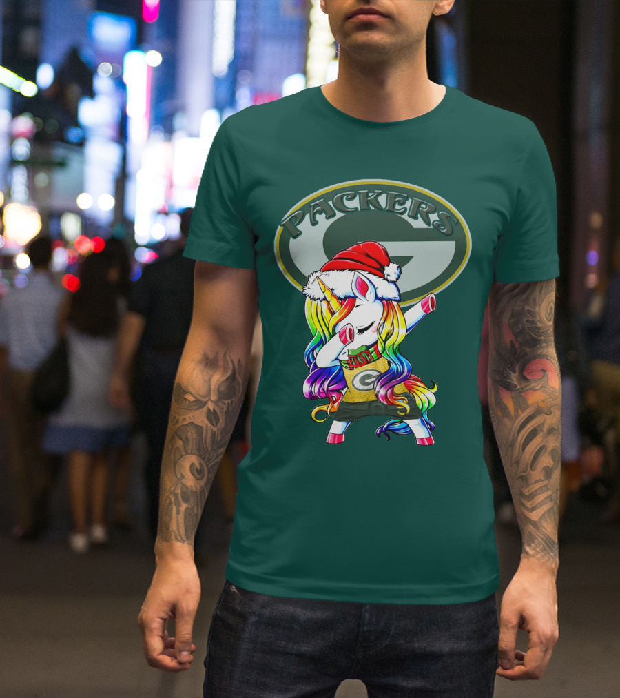 Packers Unicorn Dabbing Santa Hat Green Gold T-Shirt