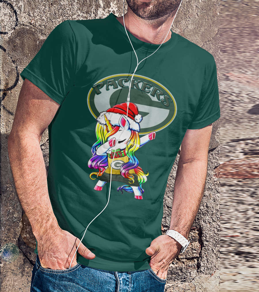 Packers Unicorn Dabbing Santa Hat Green Gold T-Shirt