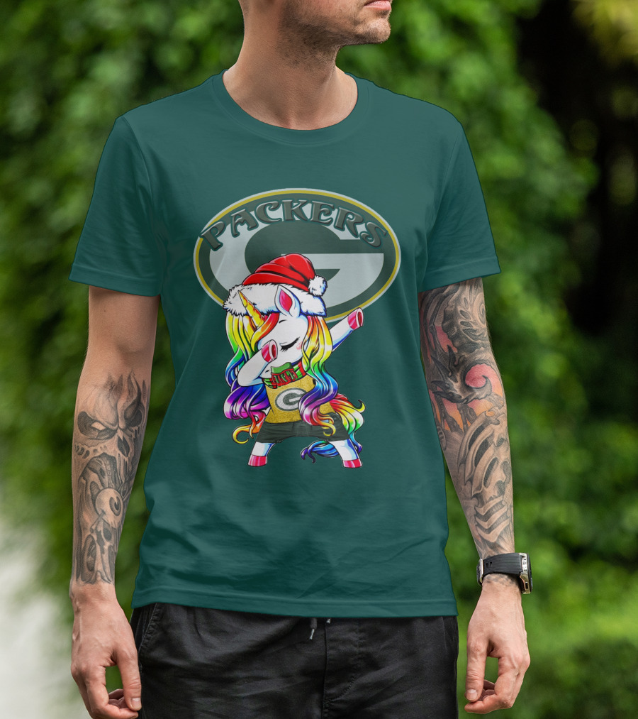 Packers Unicorn Dabbing Santa Hat Green Gold T-Shirt