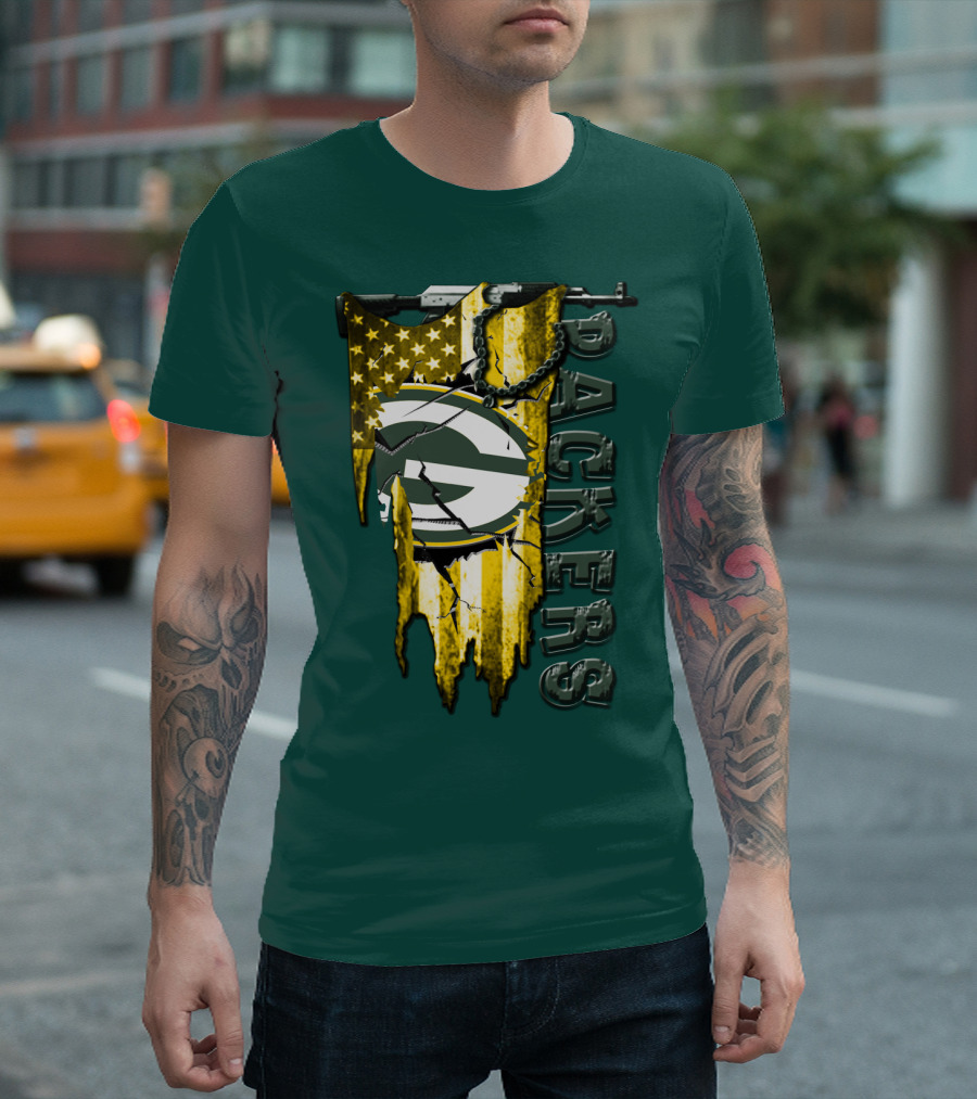 Green Bay Packers American Flag Cracked T-Shirt