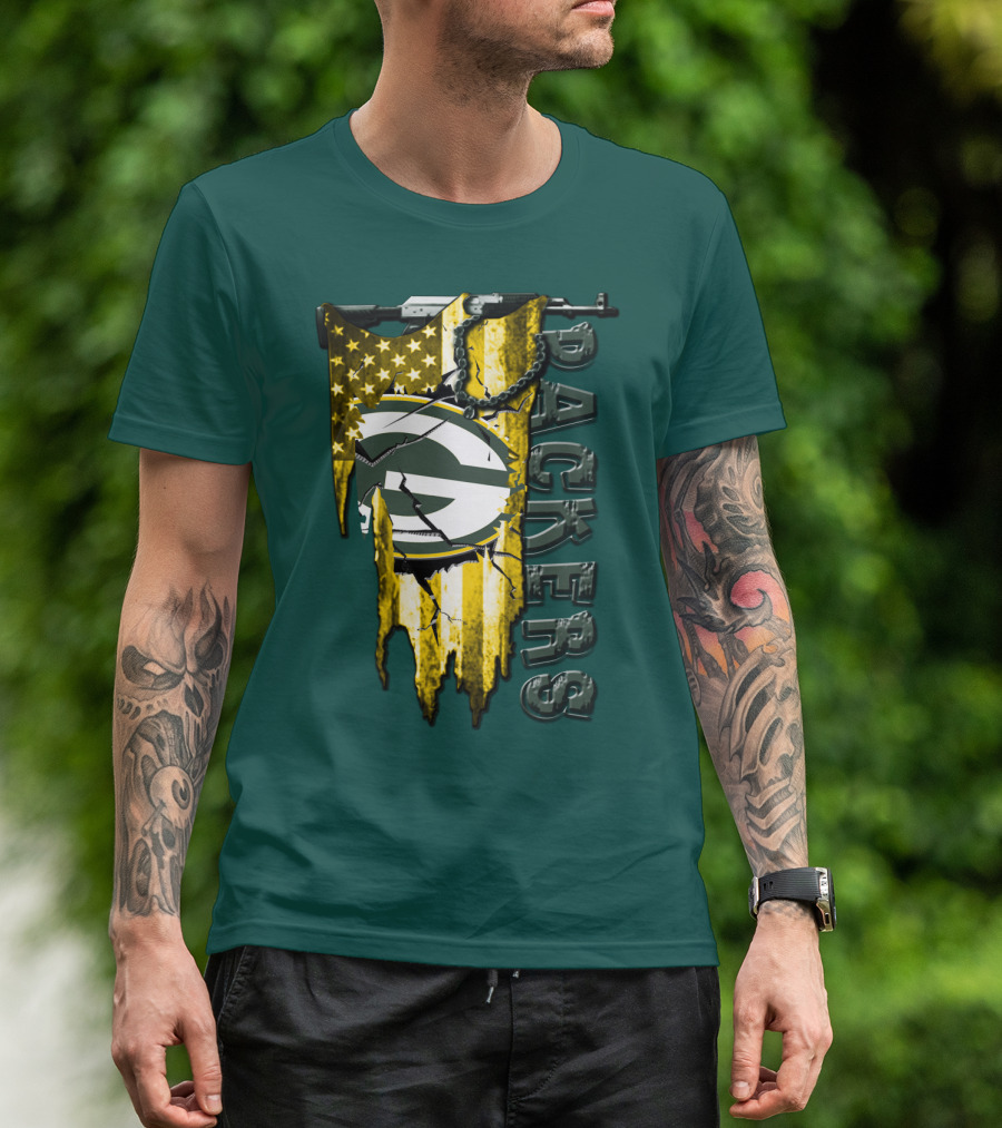 Green Bay Packers American Flag Cracked T-Shirt
