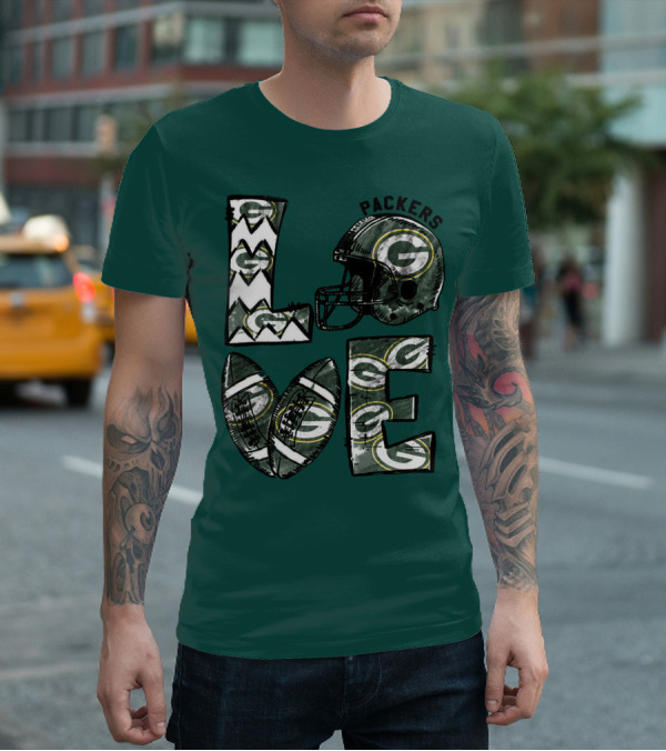 Packers Love Football Helmet And Ball Green Bay Packers T-Shirt