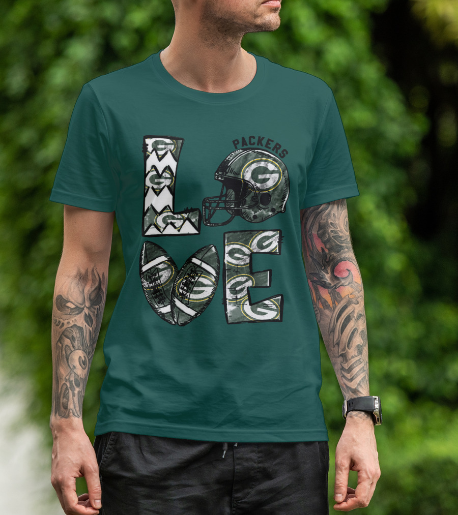 Packers Love Football Helmet And Ball Green Bay Packers T-Shirt
