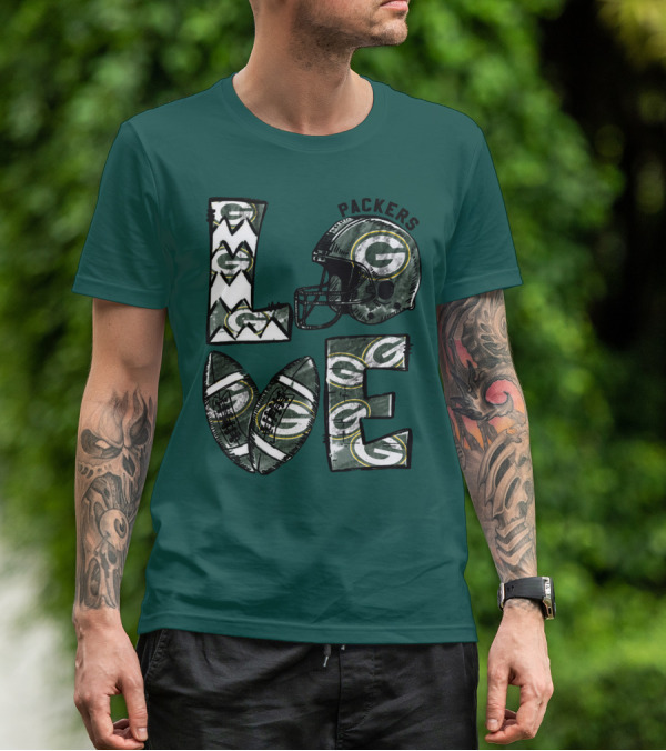 Packers Love Football Helmet And Ball Green Bay Packers T-Shirt