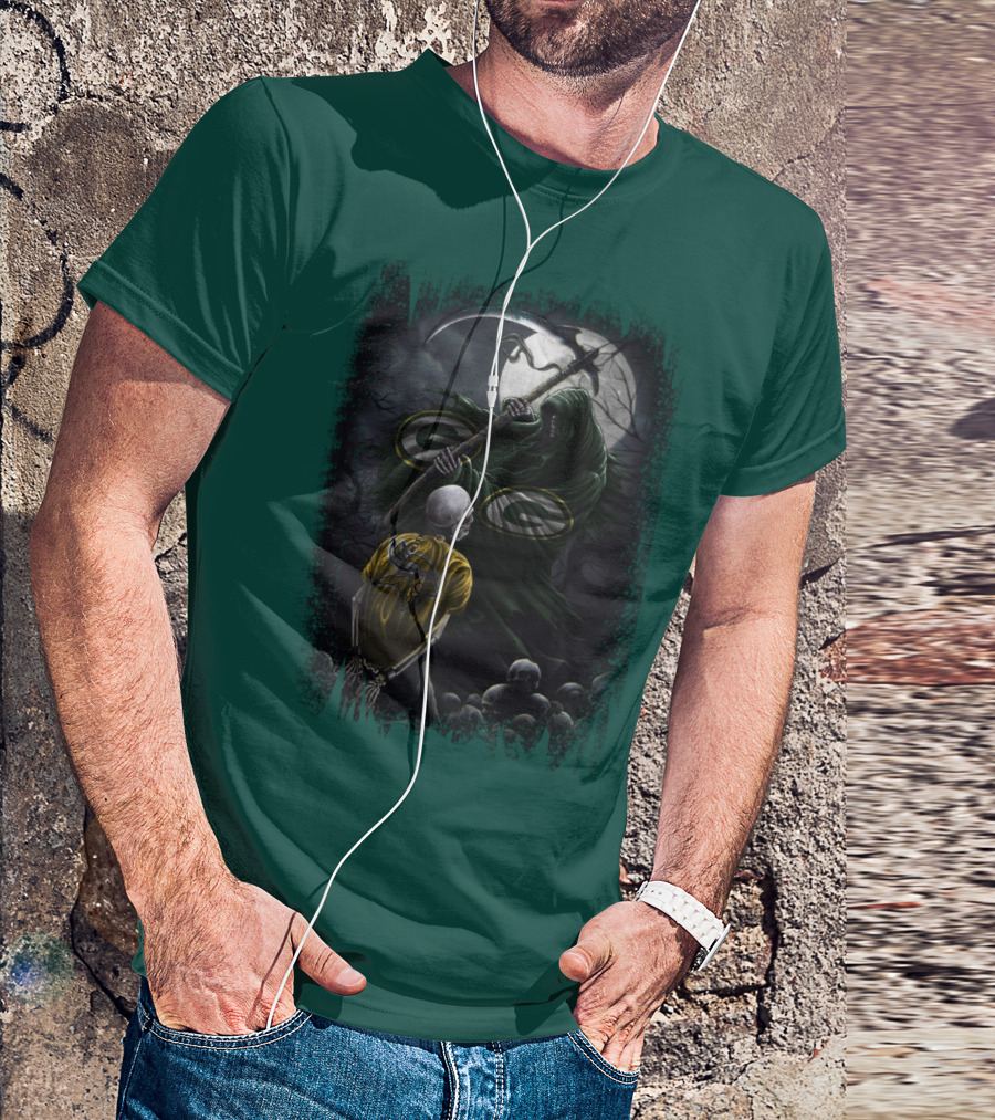 Green Bay Packers Grim Reaper Scene With Skeleton Under Moonlight T-Shirt