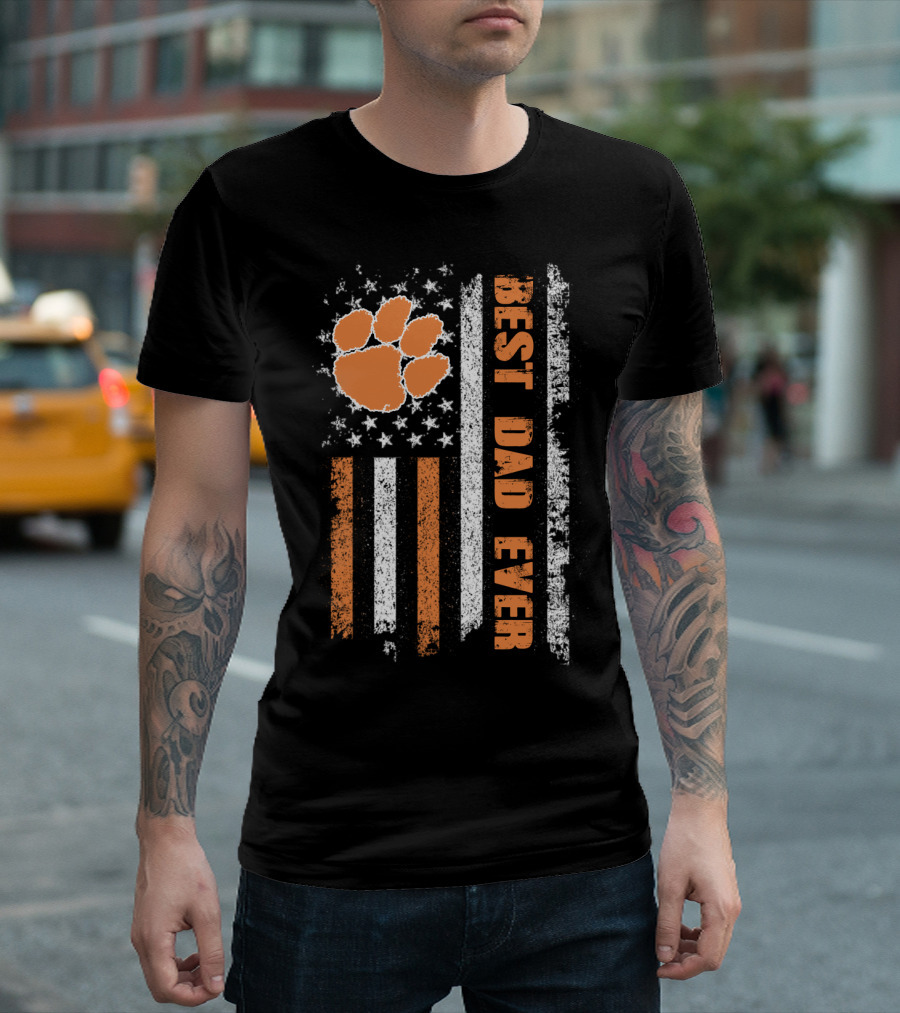 Best Dad Ever American Flag Paw Orange Stripes T-Shirt