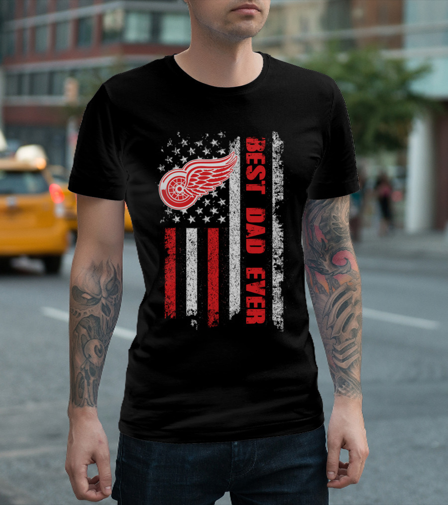 Red Wings Best Dad Ever American Flag T-Shirt