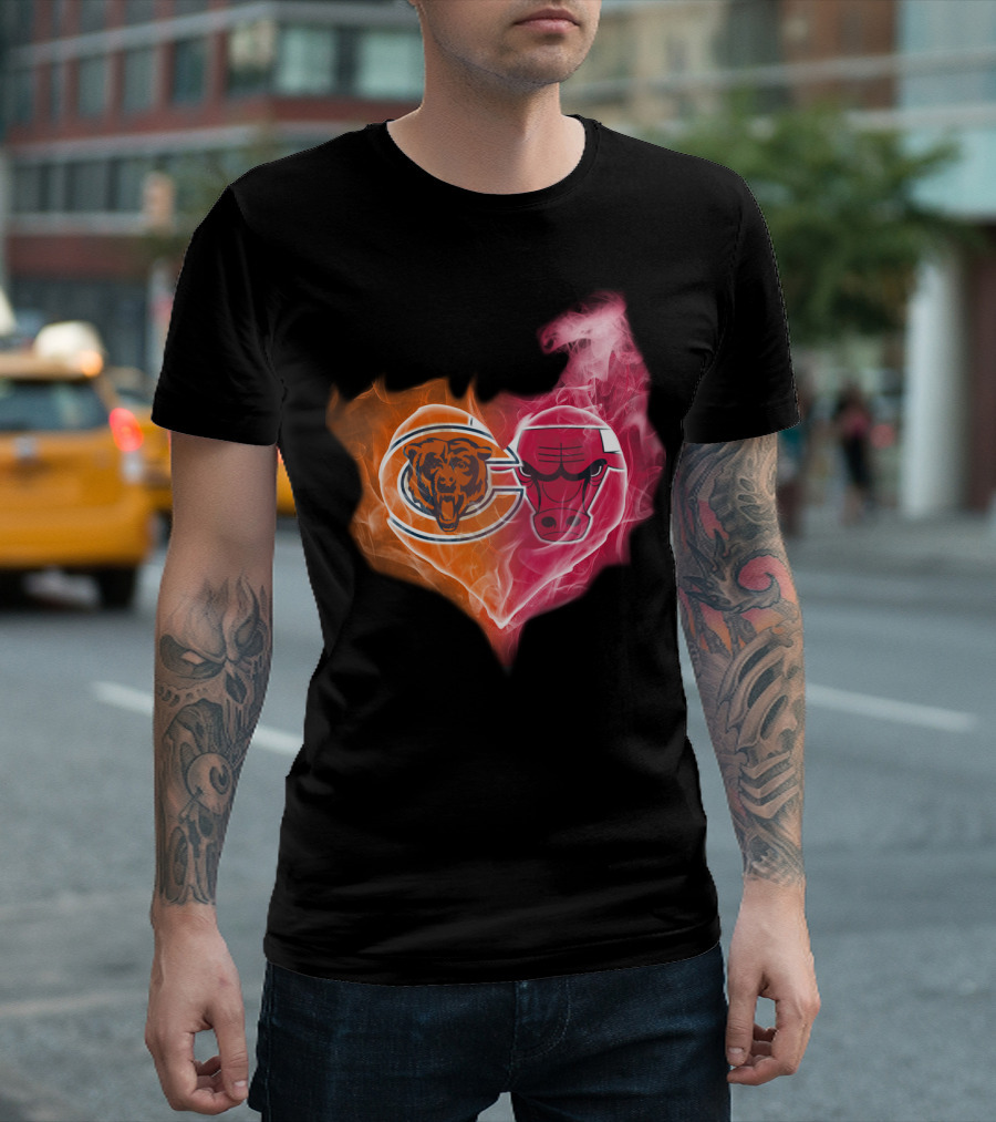 Chicago Bears And Chicago Bulls Heart Flames T-Shirt