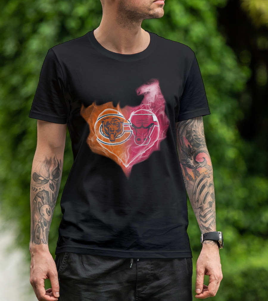 Chicago Bears And Chicago Bulls Heart Flames T-Shirt
