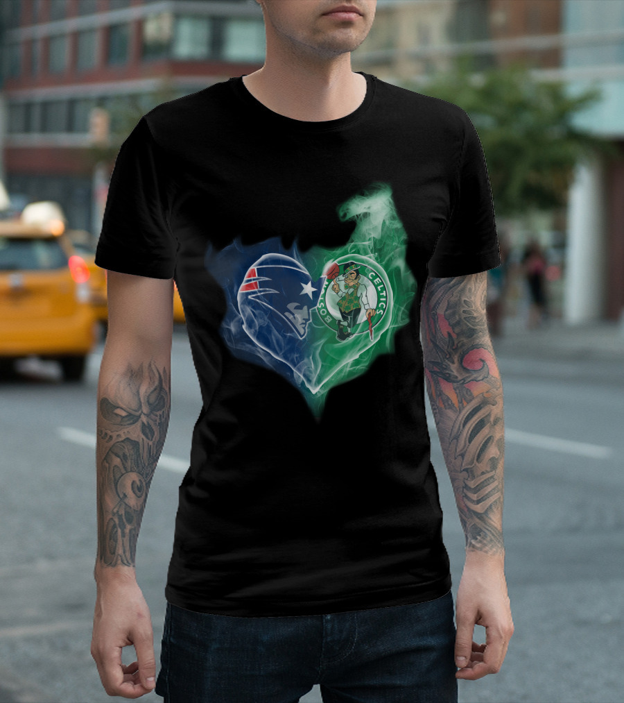 New England Patriots Boston Celtics Heart Smoke Fusion T-Shirt