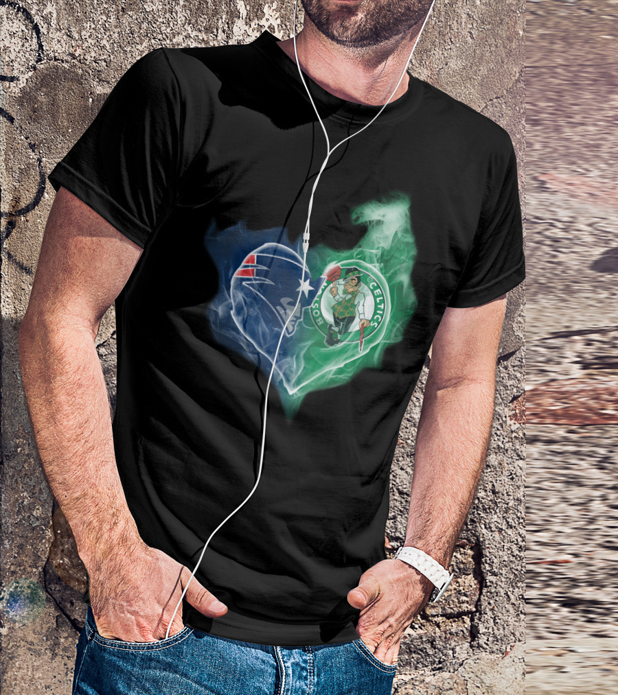 New England Patriots Boston Celtics Heart Smoke Fusion T-Shirt