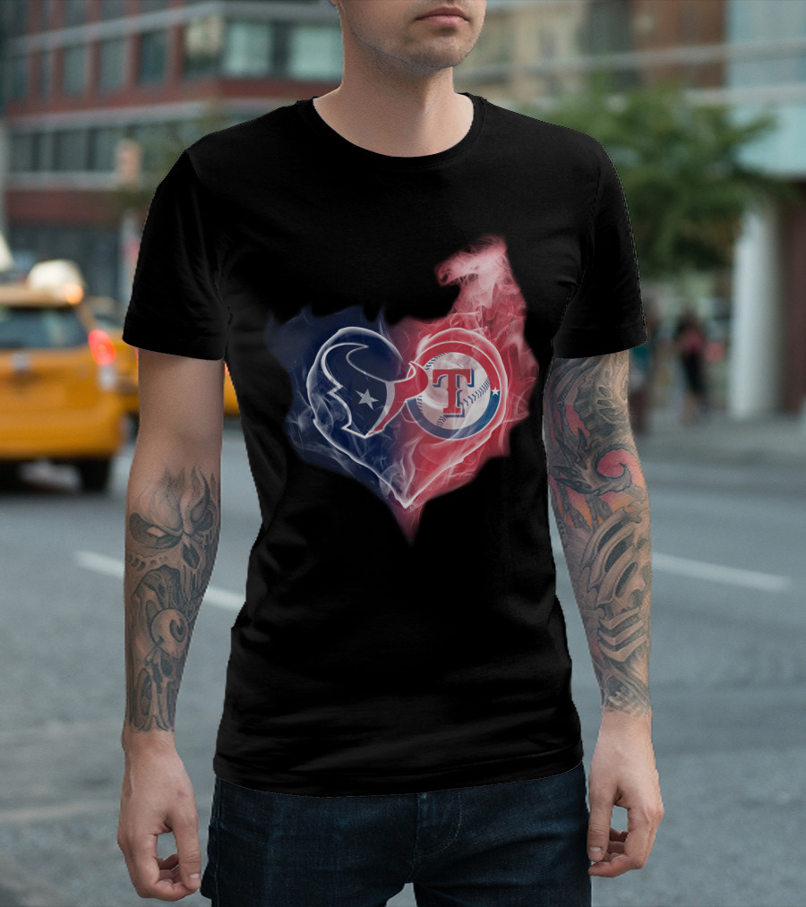 Houston Texans And Texas Rangers Smoke Heart T-Shirt