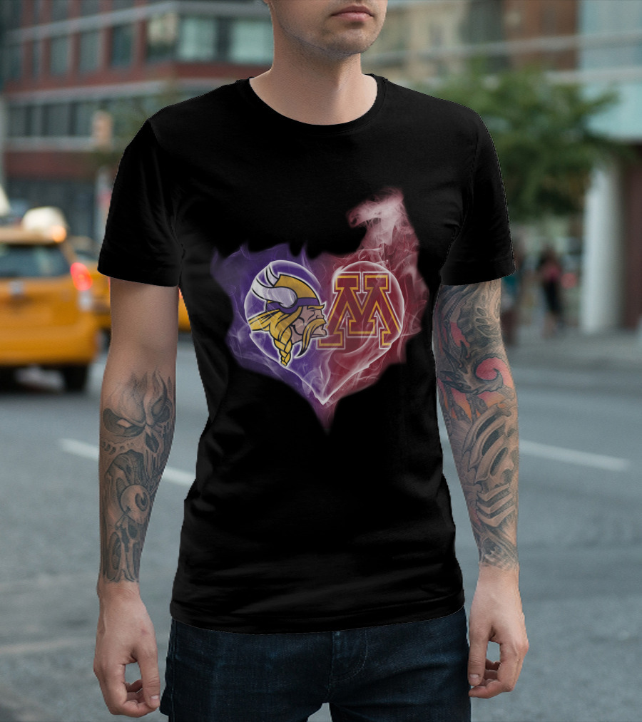 Minnesota Vikings And Golden Gophers Heart Logo Fusion T-Shirt