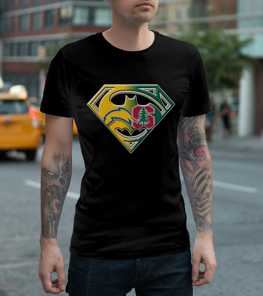 Los Angeles Chargers And Stanford Cardinal Bat Superman Logo Fusion T-Shirt