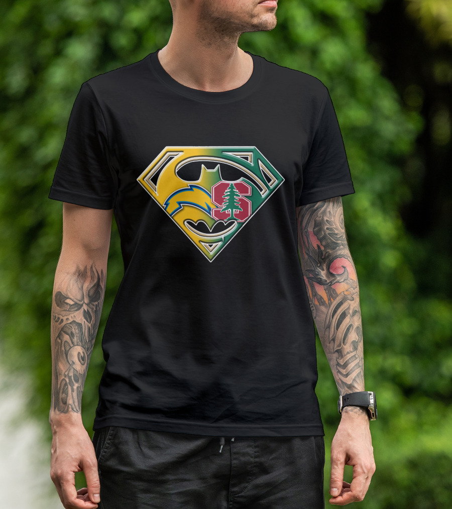 Los Angeles Chargers And Stanford Cardinal Bat Superman Logo Fusion T-Shirt