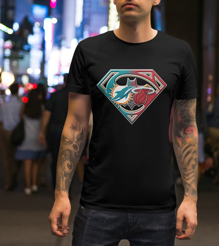 Miami Dolphins Batman Superman Miami Heat Logo Mashup T-Shirt