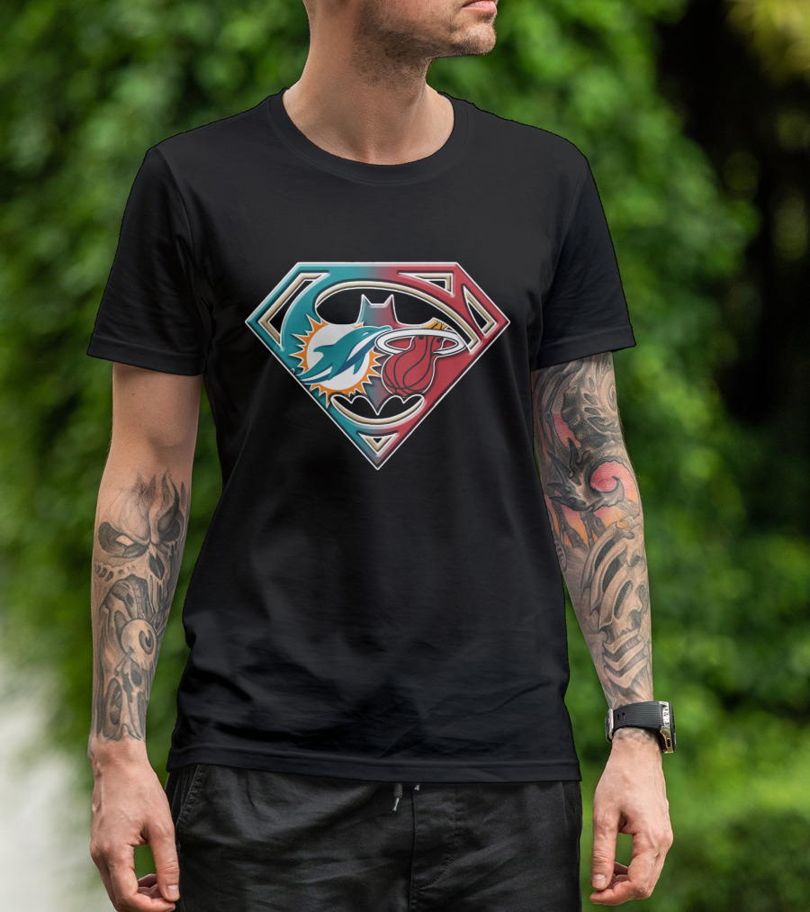 Miami Dolphins Batman Superman Miami Heat Logo Mashup T-Shirt