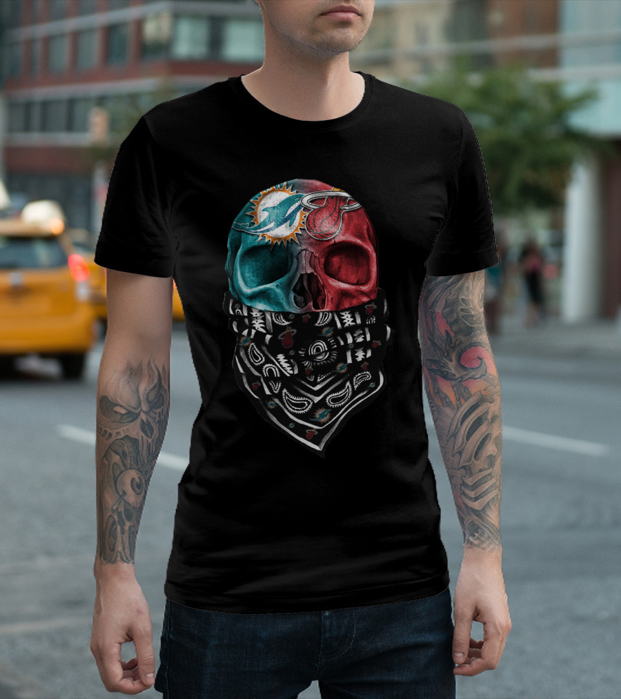 Miami Dolphins And Heat Skull Bandana Combination T-Shirt