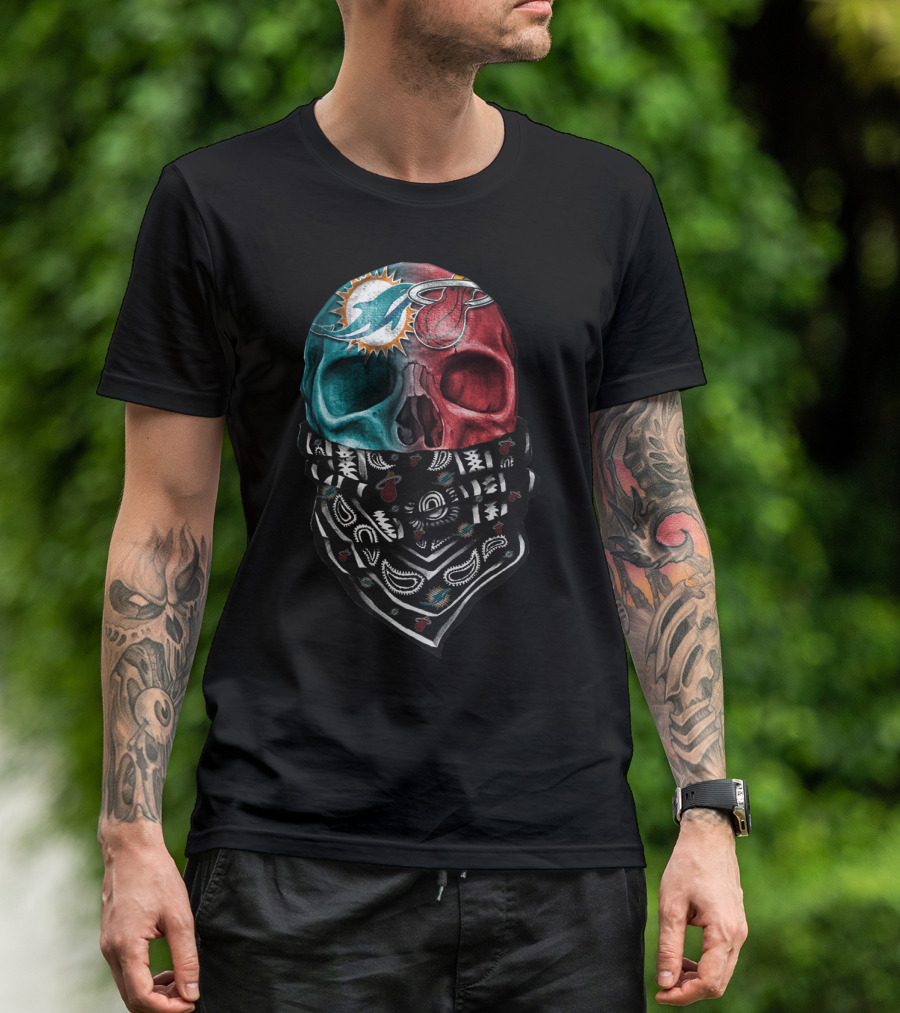 Miami Dolphins And Heat Skull Bandana Combination T-Shirt