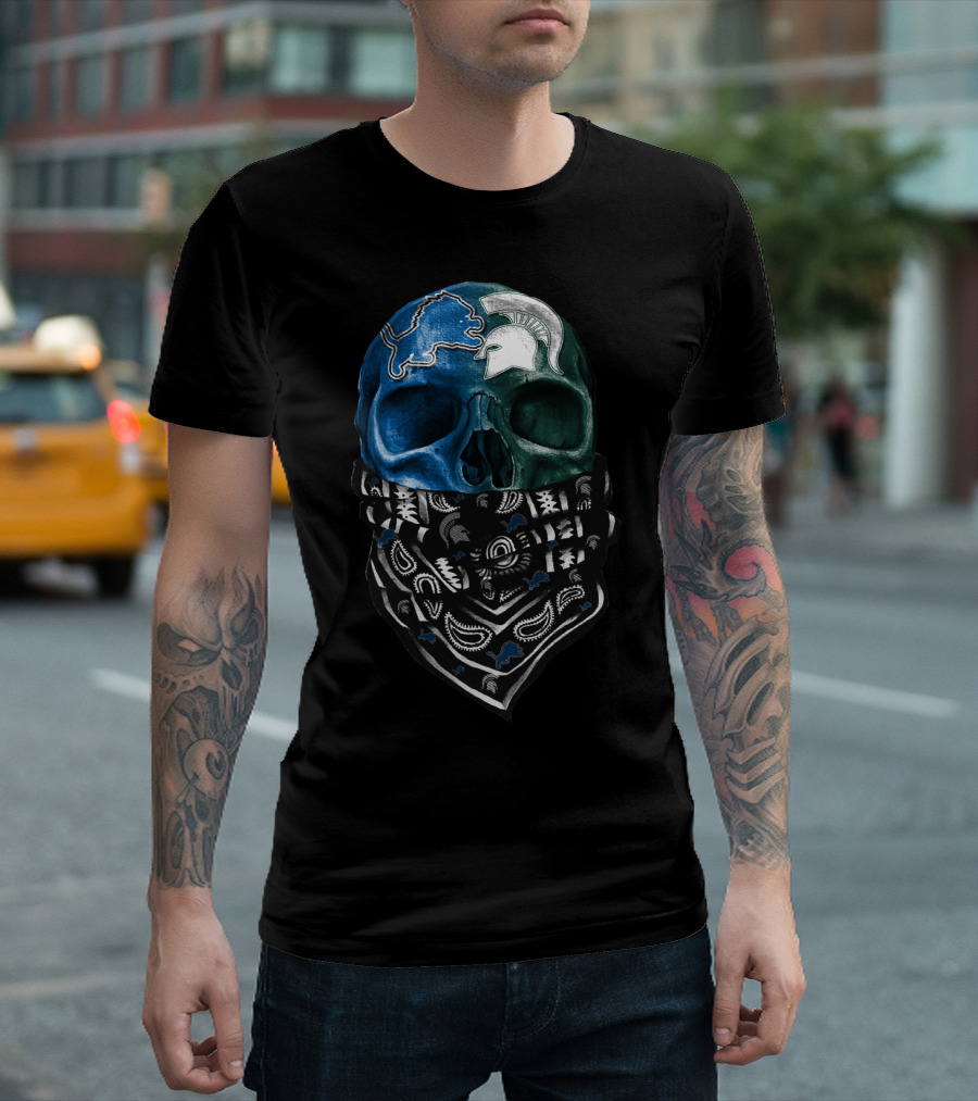Detroit Lions Michigan State Spartans Skull Bandana T-Shirt